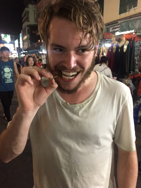 A handful of fried locusts in Bangkok