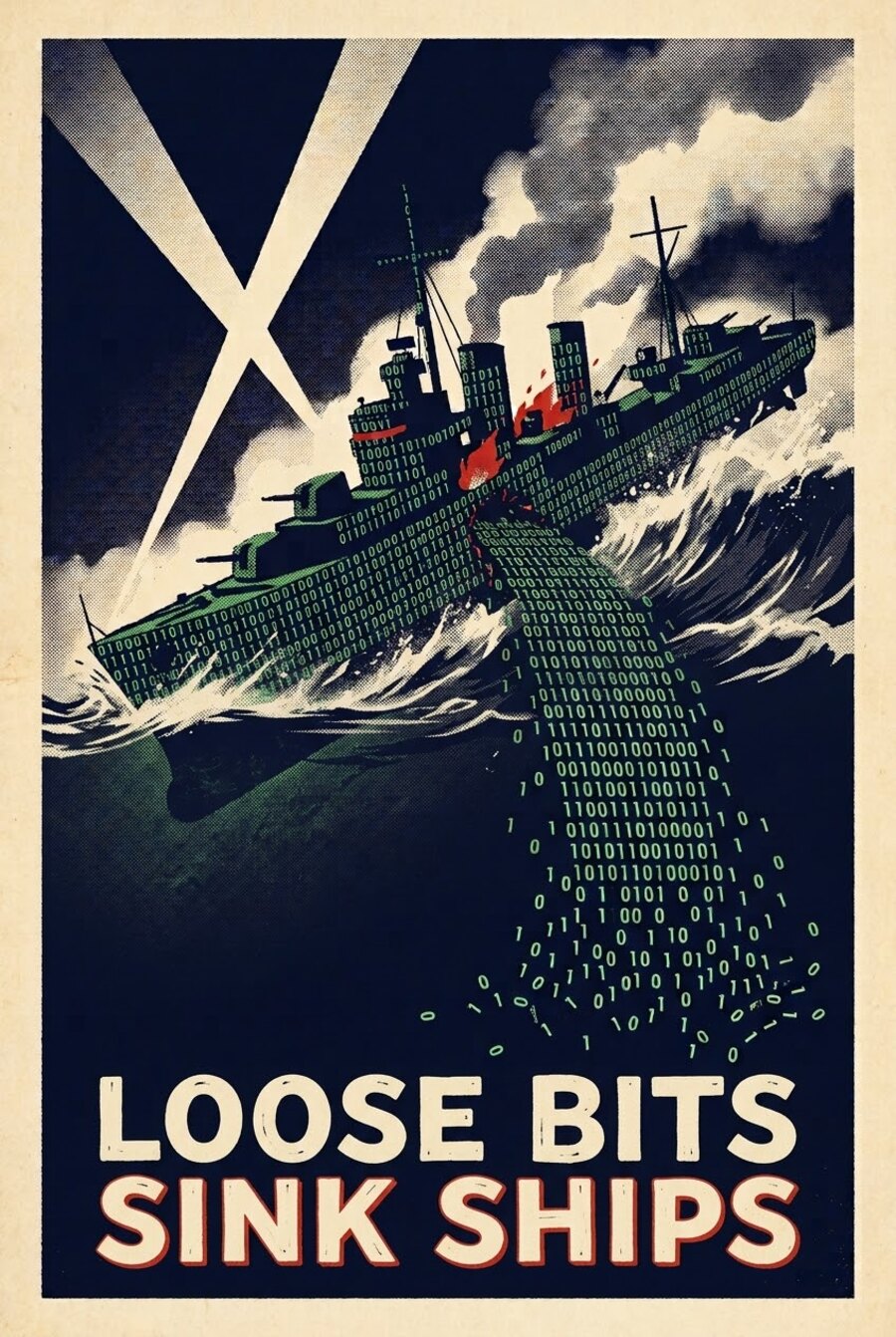 A wartime-style propaganda poster: a destroyer built entirely from 1s and 0s lists in heavy seas while binary digits pour from its hull and scatter into the water. The slogan reads Loose Bits Sink Ships.