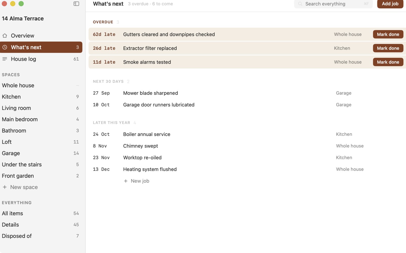 The My House, My Things app, showing overdue and upcoming jobs for a house in a native Mac window