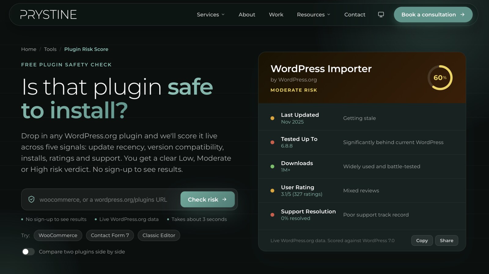 Plugin Risk Score running on the Prystine site, scoring a plugin against five signals