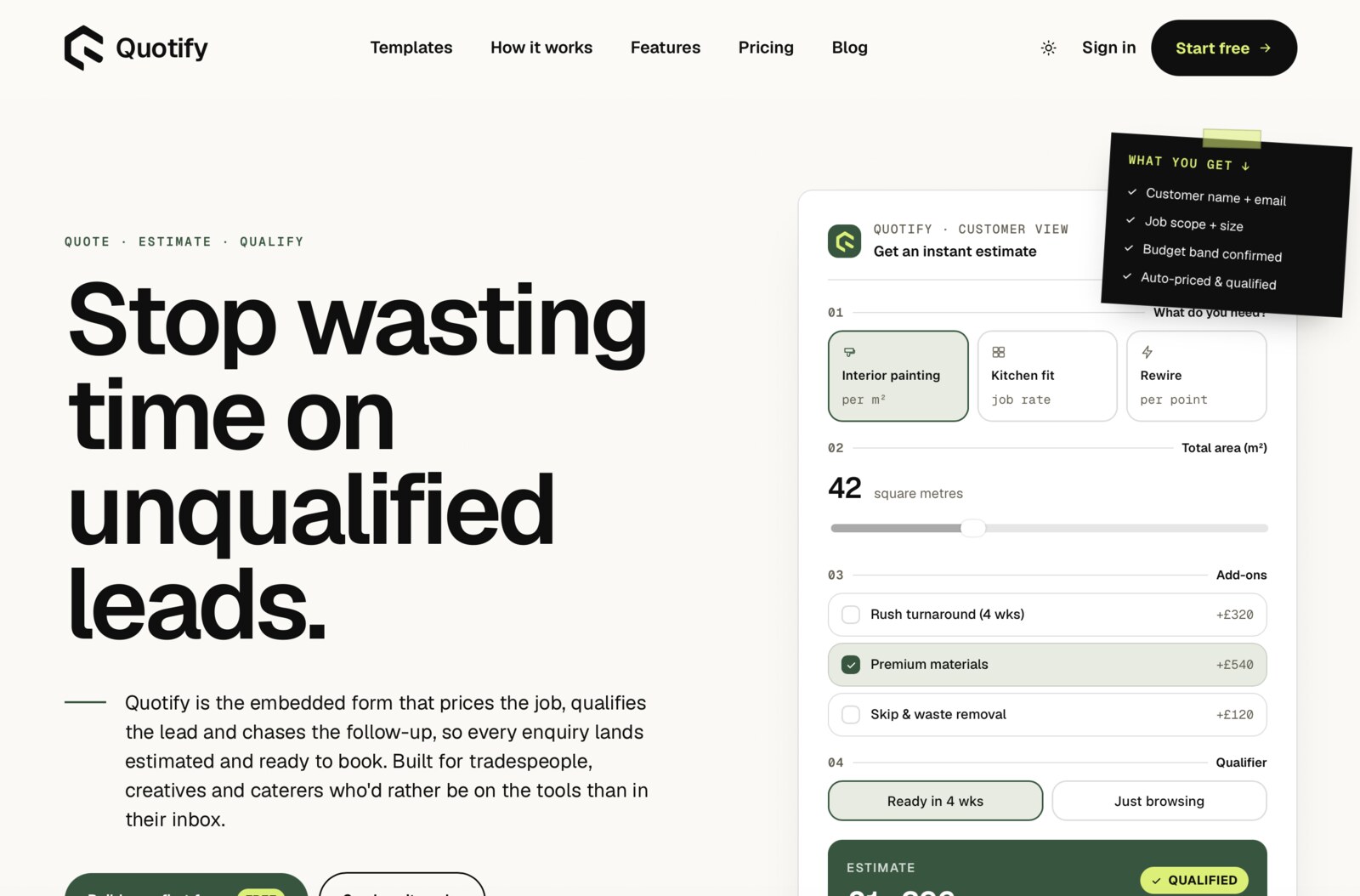 A Quotify estimator pricing a job as the customer fills it in