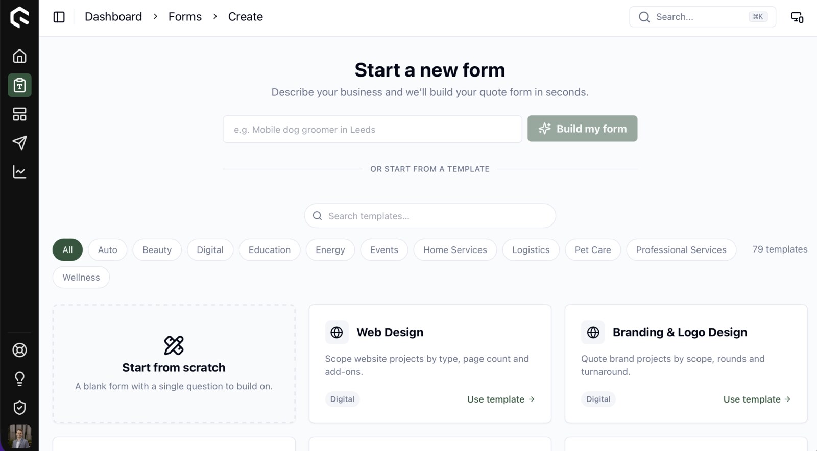 Starting a new Quotify form from the template library