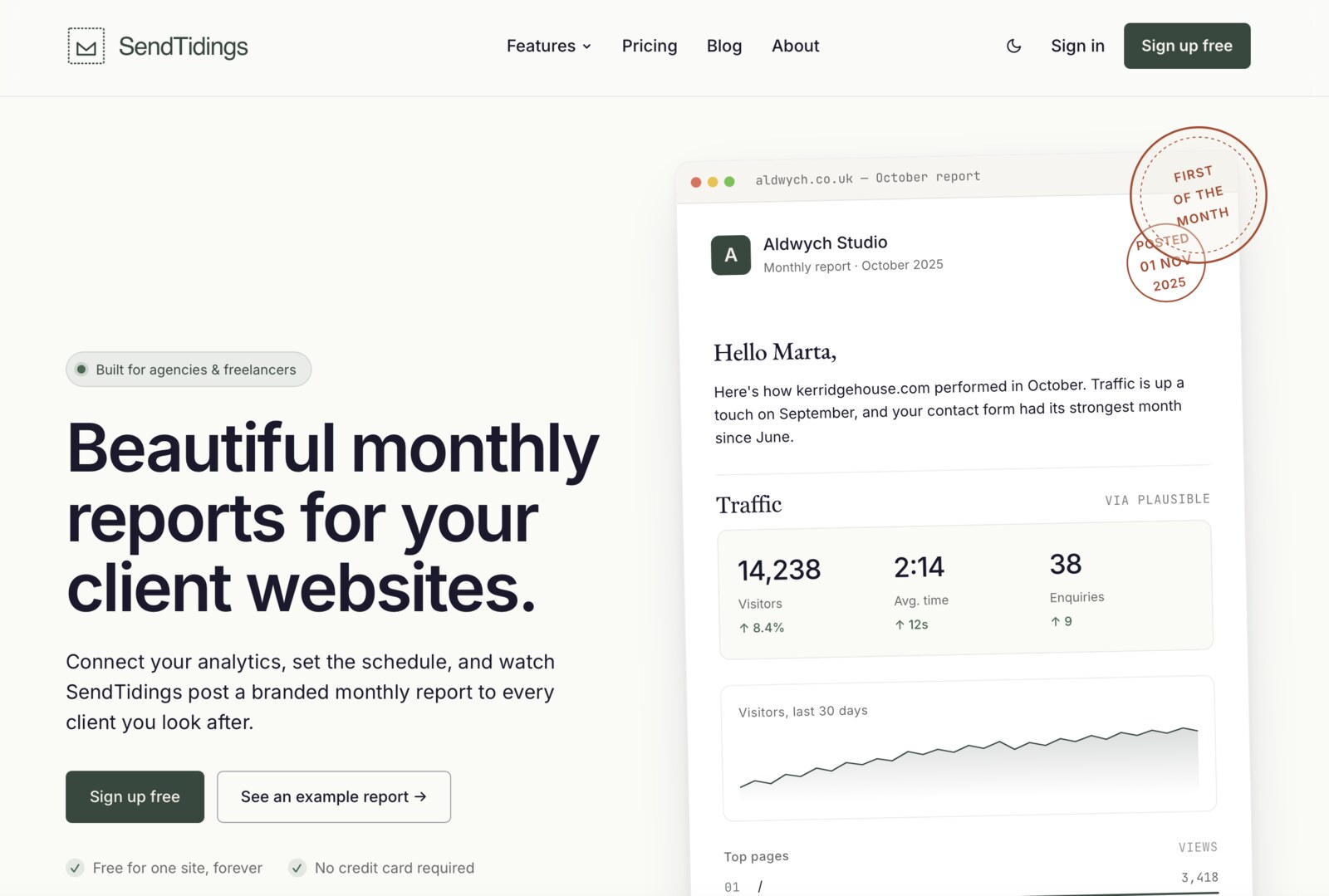 SendTidings, showing an example monthly client report