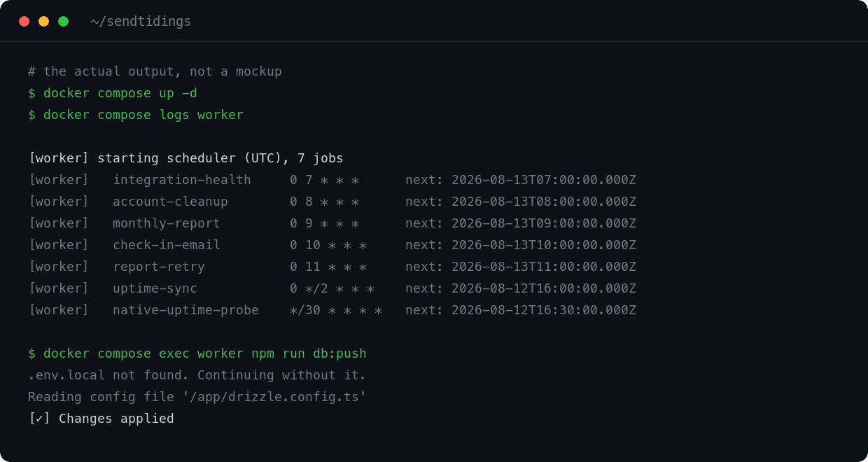 Terminal output from the running container: the scheduler registering seven cron jobs, and db:push applying the schema